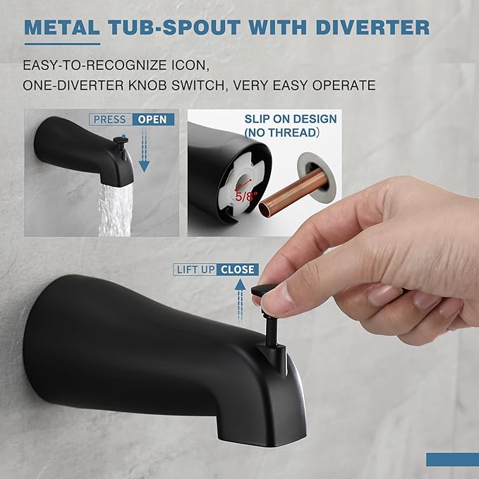Matte Black Tub Shower Faucet Set, 6" Rain Head with Valve Included | Matte black shower kit with valve & tub spout. Single handle control, 6in rain head, durable matte finish for bathroom decor.