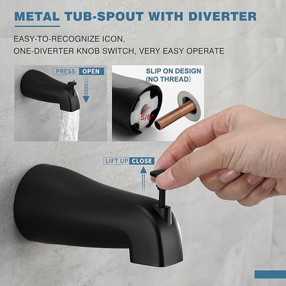 Matte Black Tub Shower Faucet Set, 6" Rain Head with Valve Included | Matte black shower kit with valve & tub spout. Single handle control, 6in rain head, durable matte finish for bathroom decor.