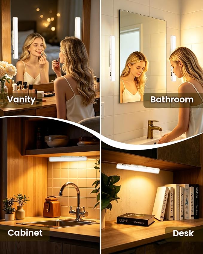 Wireless Vanity Lights for Mirror, Rechargeable Makeup Light Bar | 6W Magnetic Vanity Mirror Lights Stick On, 5 Color Temperatures & Dimmable, Remote & Touch Control, 2 Pack