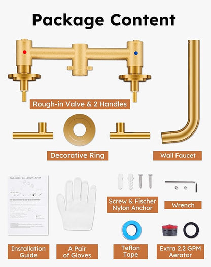 Wall Mount Bathroom Faucet - WOWOW Brushed Gold Bathroom Sink Faucet - 2 Handle Wall Mount Vessel Sink Faucet 3 Holes Elegant Classic Spout Rough in Brass Valve Included
