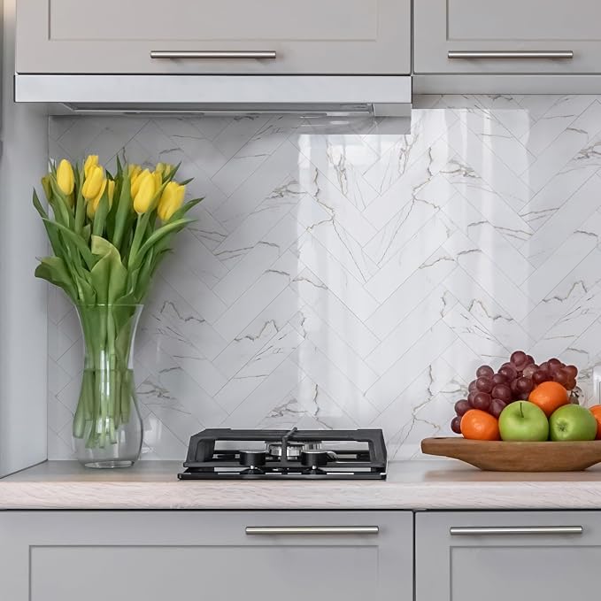 80-Piece Glossy Calacatta Gold Marble Thick PVC Peel and Stick Backsplash, 2" x 8" Waterproof Subway Tile Peel and Stick Wall Tiles for Kitchen and Bathroom