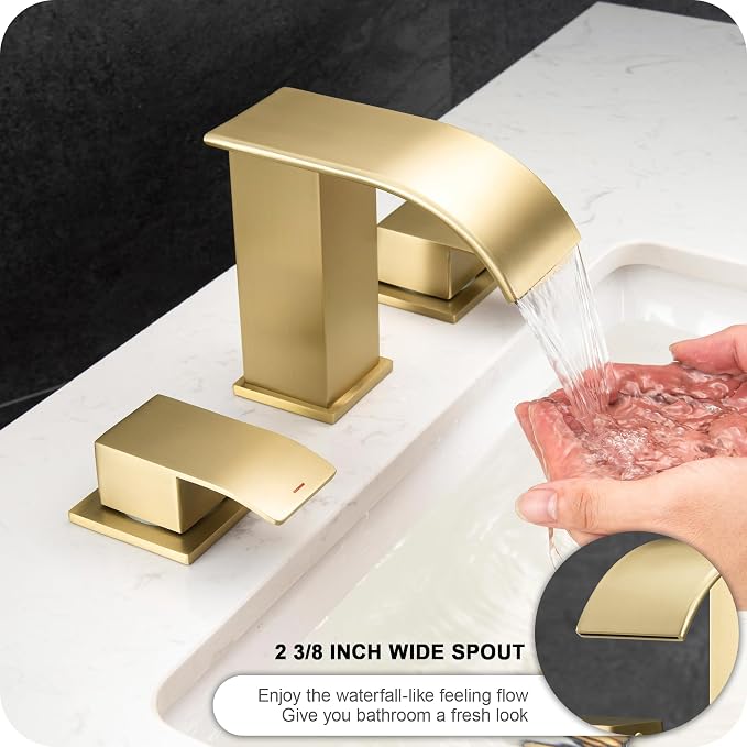 8 Inch Waterfall Bathroom Faucets 3 Hole - Brushed Gold Widespread Bathroom Faucet with Pop-up Drain, Two Handles Bathroom Sink Faucet, Modern Vanity Sink faucets with Supply Lines