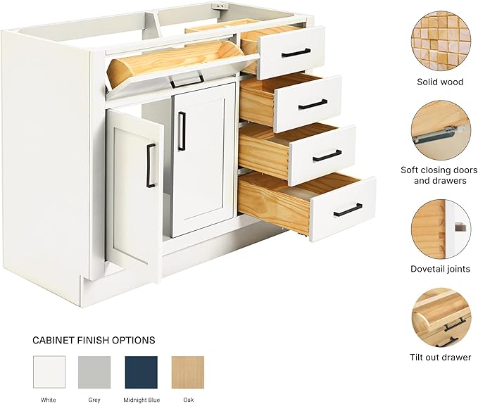 ARIEL Hepburn 42-inch Bathroom Vanity Base Cabinet,Solid Wood, 2 Soft Closing Doors, 5 Dovetail Drawers, White