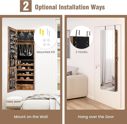 Jewelry Armoire Wall or Door Mounted, Full-Length Mirror with Storage, Lockable Mirror Jewelry Cabinet w/ 2 Drawers, LED Lights, Over the Door Jewelry Organizer Box for Women Girls