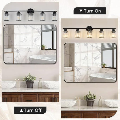 37.4" Crystal Bathroom Lighting Fixtures Over Mirror, 5-Light Balck Vanity Light Fixture, Vanity Lights with Clear Crystal Shade, E26 Base Wall Sconces for Bathroom, Bedroom, Hallway