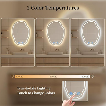 Irregular Wall Mirror 25 x 35 Inch, Lighted Mirrors for Bathroom Wall, Asymmetrical LED Mirror for Bathroom with Anit-Fog, Dimmable, Memory Function (Horizontal/Vertical)
