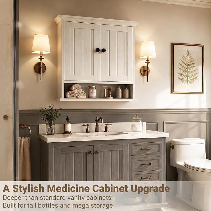 Besiost Farmhouse Bathroom Wall Medicine Cabinet with Removable Towel Bar | Over Toilet Storage Organizer, 7.9" Slim Profile, 100 Lbs Capacity, Adjustable Shelf, Soft Close Hinges Door, White