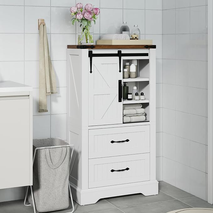 Giantex Bathroom Storage Cabinet, Farmhouse Wooden Floor Cabinet w/Sliding Barn Door, 2 Drawers & Adjustable Shelves, Modern Freestanding Storage Organizer for Living Room, Entryway, Kitchen