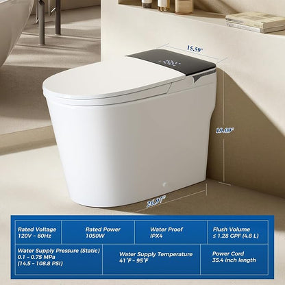 Smart Toilet with Bidet Built-In, Auto Flush, Auto Open/Close Lid, Foot Sensor, Heated Seat, Warm Water Wash, Warm Air Dryer, Deodorizer, Night Light, Remote Control (Black)