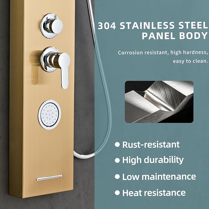 5-In-1Shower Panel Tower System-Brushed Gold | 304 stainless steel Shower Panel Column Tower With Powerful Body Jets,Body Spray,Rainfall,Waterfall,Handheld And Tub Spout
