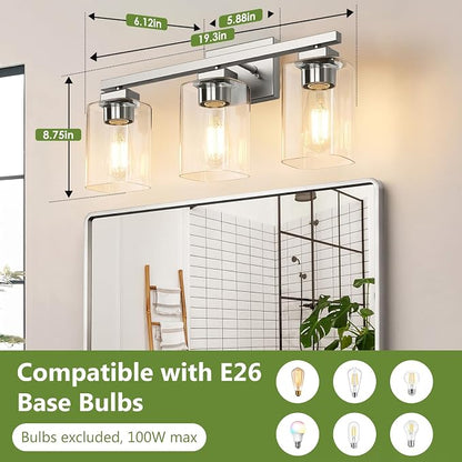 BesLowe 19” Bathroom Light Fixtures, 3-Light Vanity Light Brushed Nickel | Square Clear Glass & Durable Metal, Quick & Easy Installation, Standard E26 Socket, Bright Bathroom Lighting