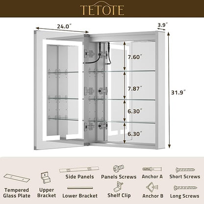 TETOTE 24 x 32 LED Lighted Medicine Cabinet with Lights & Outlets & USB, Recessed or Surface Mount Medicine Cabinet Mirror for Bathroom with Storage, Tempered Glass, 3-Color Dimming, Adjustable Shelf