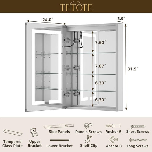 TETOTE 24 x 32 LED Lighted Medicine Cabinet with Lights & Outlets & USB, Recessed or Surface Mount Medicine Cabinet Mirror for Bathroom with Storage, Tempered Glass, 3-Color Dimming, Adjustable Shelf