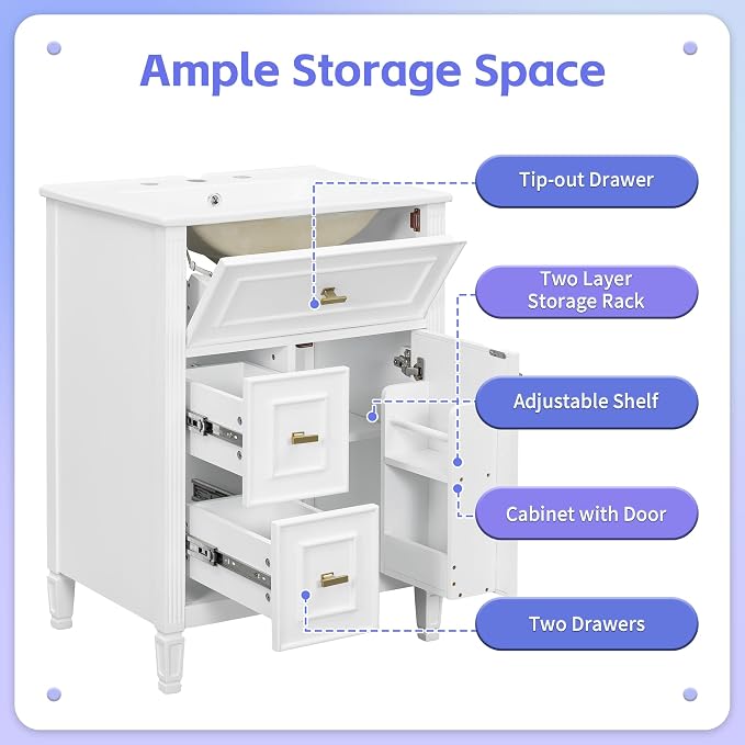 24" Modern Bathroom Vanity with Ceramic Sink, Solid Wood Frame Freestanding Storage Cabinet w/2 Drawers & Tilt-Out Drawer, Door Rack & Adjustable Shelf, Golden Metal Handles, White