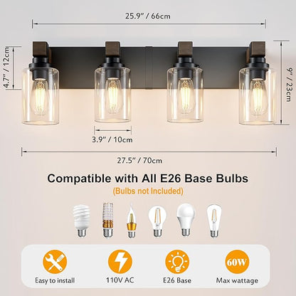 Farmhouse Bathroom Vanity Light Fixtures, Rustic 4-Light Wood Vanity Lights for Bathroom, Vintage Black Wall Sconces Lighting, Light fixtures Over Mirror, with Glass Shade