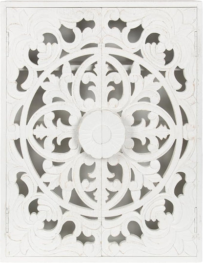 Kate and Laurel Saanvi Traditional Carved Wood Floating Bathroom Wall Cabinet, 22 x 7 x 28, White, Dimensional Over the Toilet Storage Cabinet for Use as Bathroom Storage or Entryway Decor and Display