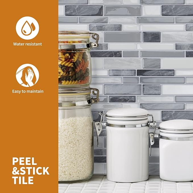 WOWSTAR 10-Sheet Peel and Stick Backsplash Tile for Kitchen Wall, Back Splash Stick On Tiles for Kitchen (12"x 12", Gray) | Peel and stick backsplash, self-adhesive wall tile, Gray, waterproof, kitchen bathroom wall, 10-sheet