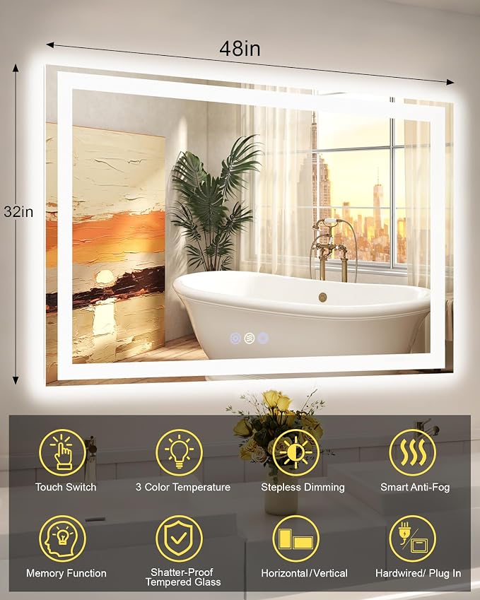 48x32 LED Bathroom Mirror, 6000LM, Separate Front and Back Lights | UL Certified,Shatter-Resistant Tempered Glass,Auto-Off Defogger,3 Color Modes,Smooth Dimming,Smart Memory Setting