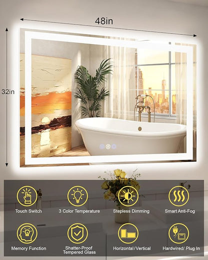 48x32 LED Bathroom Mirror, 6000LM, Separate Front and Back Lights | UL Certified,Shatter-Resistant Tempered Glass,Auto-Off Defogger,3 Color Modes,Smooth Dimming,Smart Memory Setting