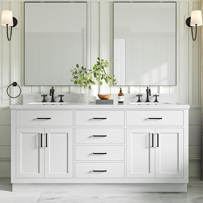 ARIEL Hepburn 72-inch Bathroom Vanity with Sink,Solid Wood, 1.5-inch Carrara White Quartz Countertop & Backsplash, Double Rectangular Porcelain Sink, 4 Soft Closing Doors, 6 Dovetail Drawers, White