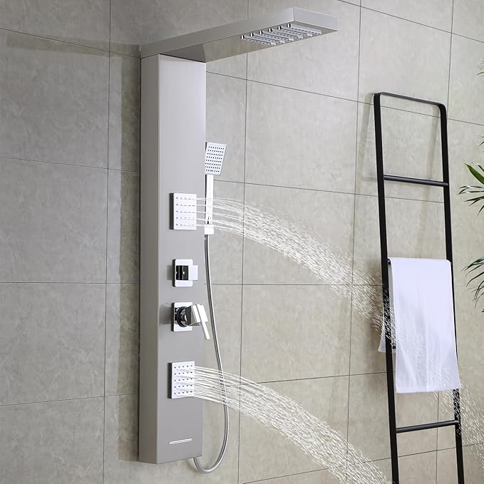ROVOGO Shower Panel Tower System with High Pressure Shower Head, Body Jets, Handheld and Tub Spout, 46.5" Shower Column Stainless Steel with Mixer Valve, Brushed