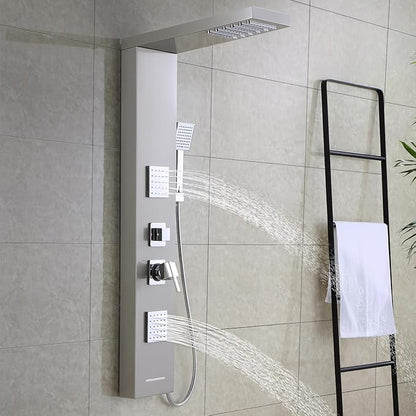 ROVOGO Shower Panel Tower System with High Pressure Shower Head, Body Jets, Handheld and Tub Spout, 46.5" Shower Column Stainless Steel with Mixer Valve, Brushed