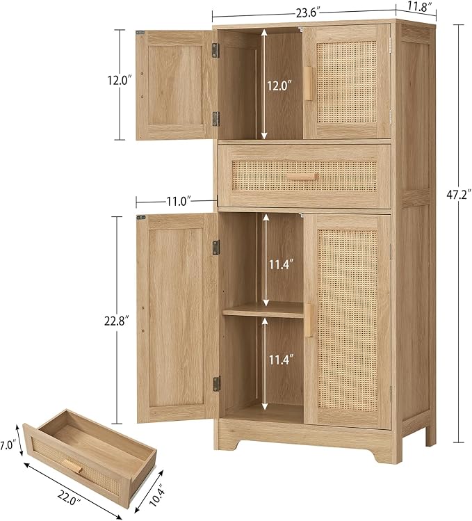 TEENFON 47.2" H Tall Storage Cabinet with Adjustable Shelf, Rattan Cabinet, Cupboard for Living Room, Dining Room, Entryway, Home Office, Natural