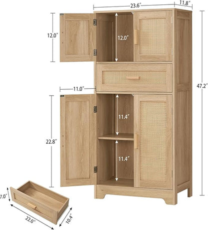 TEENFON 47.2" H Tall Storage Cabinet with Adjustable Shelf, Rattan Cabinet, Cupboard for Living Room, Dining Room, Entryway, Home Office, Natural