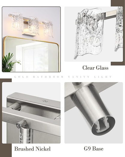 3-Light Bathroom Vanity Light, Brushed Nickel Bathroom Light Fixture Over Mirror with Clear Glass, Modern Bath Wall Sconce Lighting for Bath Restroom, OS-MM5002-3BN