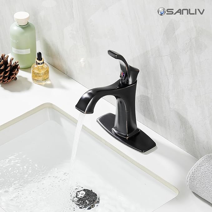 Oil Rubbed Bronze Bathroom Faucet, Sanliv Single Handle Centerset Bathroom Sink Faucet with Pop-Up Drain & Deck Plate for 1 or 3-Hole (4 inch) Installation, Bronze Vanity Faucet, ORB