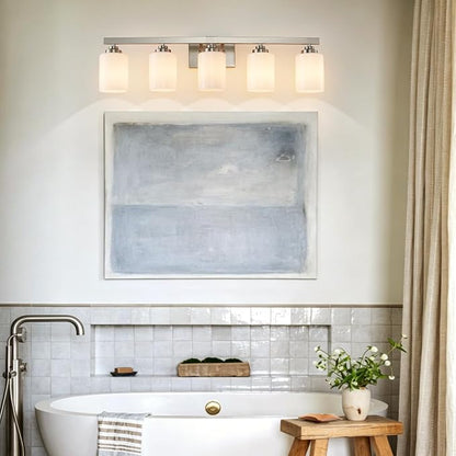 Bathroom Light Fixtures, Vanity Light Over Mirror Nickel 5-Light Fixture | Modern bathroom vanity light fixture with metal frame, ideal for mirrors, bedrooms and hallways. Fits E26 bulbs.