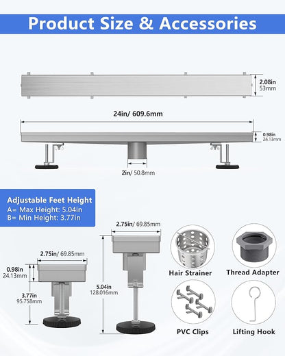 YEFU Shower Drain 24 Inch, 2-in-1 Linear Shower Drain for Bathroom Toilet | Tile Insert Grate, Anti-Corrosion, 304 Stainless Steel, Shower Floor Drain with Hair Catcher, Linear Drain with Fast Drainage