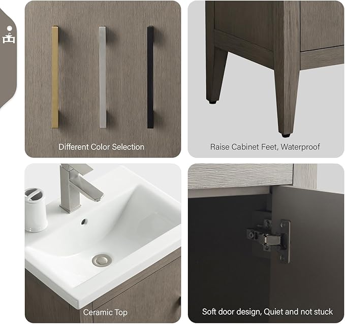 Vanity Art 20 inch Bathroom Vanity with Single Sink & Ceramic Top, Vanity Cabinet with Soft-Closing Doors, Solid Wood Frame, Driftwood Gray, VA9020-DG-BN1
