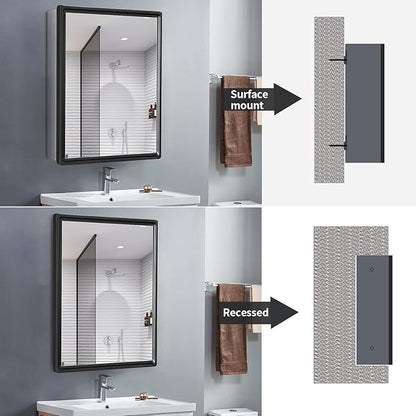 Aluminum Bathroom Medicine Cabinet with Farmhouse Black Framed 16x26 Inches Recess or Surface Mount Mirror Cabinet for Bathroom Toilet Kitchen