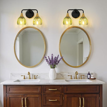 Bathroom Vanity Light Fixtures: 2-Lights Vintage Bathroom Lights Over Mirror with Ribbed Green Tulip Glass Shade - 14 inch Black and Gold Wall Sconce Bath Lighting