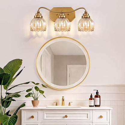 Vintage Bathroom Light Fixtures, 3 Light Gold Bathroom Vanity Light, Matte Antique Brass Finish with Amber Crystal Glass Shade, Wall Sconces Lighting for Bedroom, Living Room（Amber-colored Glass）