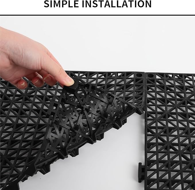 FAHKNS 12 PCS Interlocking Drainage Mat, 12“x12” Drainage Tiles Interlocking, PVC Non-Slip Splicing Interlocking Floor Tiles for Bathroom, Kitchen, Swimming Pool, Garden, Black