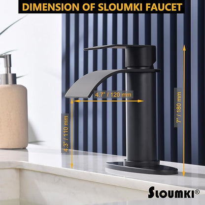 Black Waterfall Bathroom Faucet Single Hole, Matte Black Single Handle Bathroom Sink Faucet with Pop Up Drain and Supply Hose, Black Bathroom Faucet for Sink 1 Hole,SL5002BK