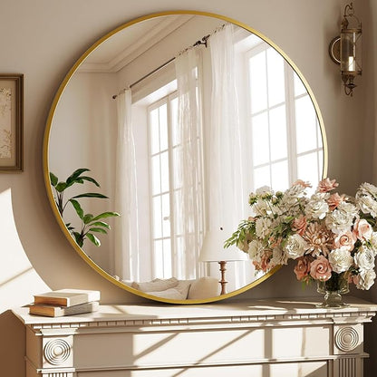 40 Inch Round Mirror - Circle Mirrors for Bathroom, Entryway and Living Room Wall Decor, Modern Hanging Vanity Mirror, Matte Gold Circle Decorative Wall Mirror