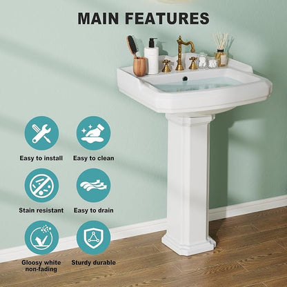 Vintage Bathroom Pedestal Sink, 19 in L x 23 in W Retro White Bathroom Sink With Overflow Hole, Freestanding Ceramic Sink With 3 Pre-Drilled Holes for 8 in Faucets