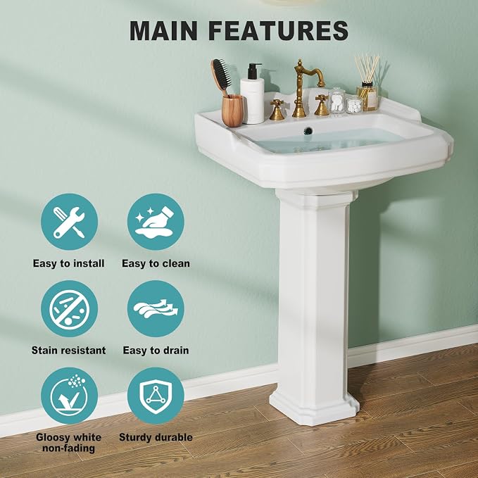 23" W X 19" D Bathroom Pedestal Sink,Vintage White Ceramic Vanity Sink with Overflow and 3 Pre-Drilled Holes - Fits 8-Inch Faucets,Freestanding Restroom Sink Combo for Small Spaces