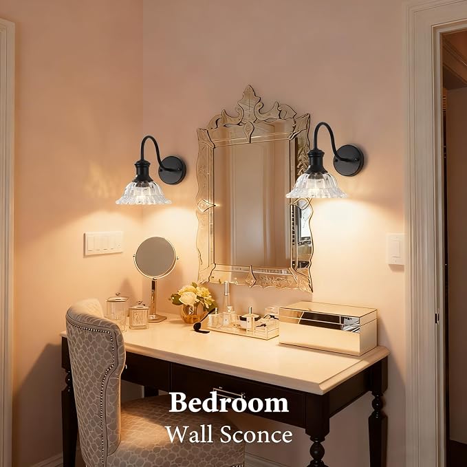 Bathroom Vanity Lights 2 Pack, Black Wall Sconce with Pressed Patterned Glass Lampshade, Farmhouse Wall Light Fixtures for Bathroom, Bedroom, Living Room, Entryway