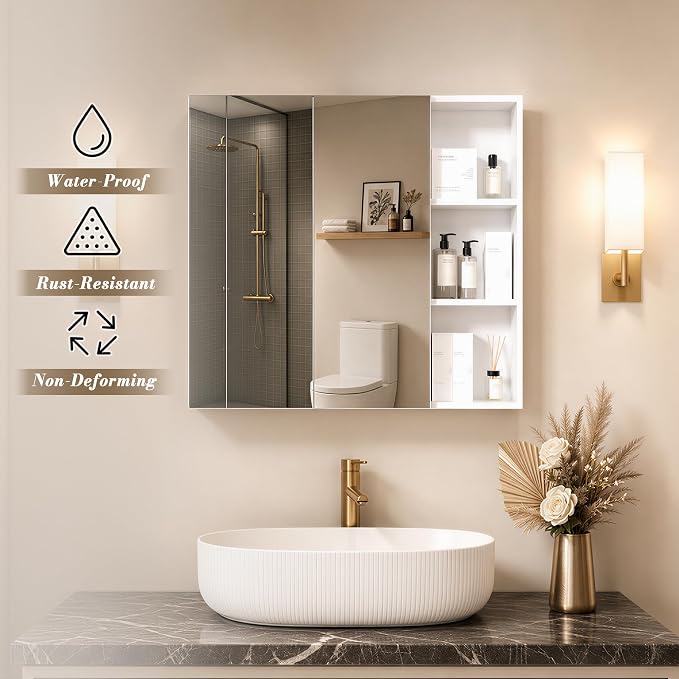 FKWin Double Door Medicine Cabinet Mirror, Wall Mount Bathroom Cabinet | Double Door Modern Surface Mount Medicine Cabinet, More Storage, Adjustable Shelves, Soft Close Hinges, White, 33x29 Inch