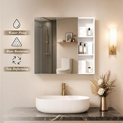 FKWin Double Door Medicine Cabinet Mirror, Wall Mount Bathroom Cabinet | Double Door Modern Surface Mount Medicine Cabinet, More Storage, Adjustable Shelves, Soft Close Hinges, White, 33x29 Inch