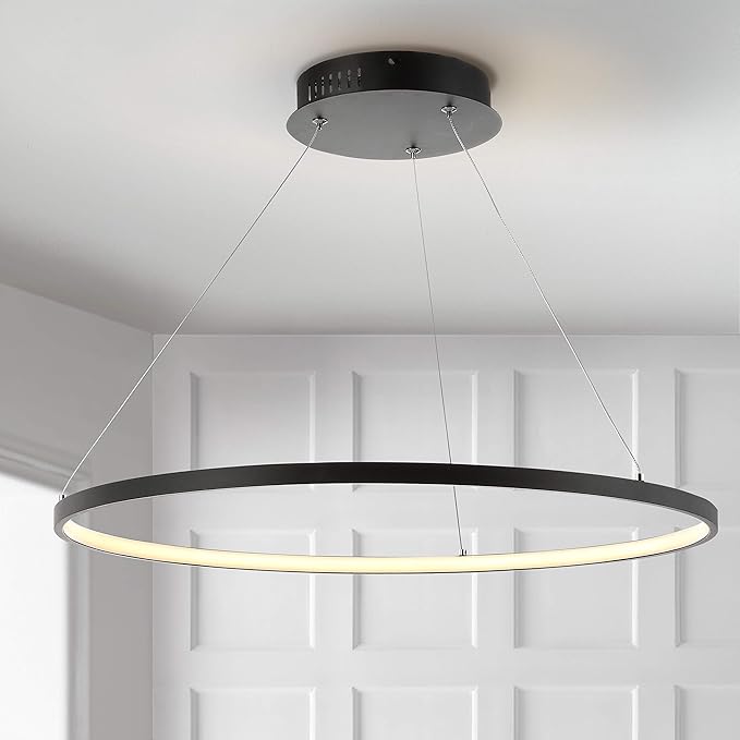 JONATHAN Y 23.75" Matte Black Modern Integrated LED Pendant Light, Dimmable Round Hoop Chandelier for Kitchen Island, Dining Room, Adjustable Height Metal Hanging Light (JYL7203A)