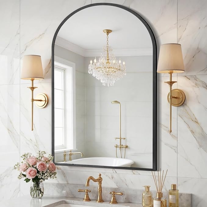 Sweetcrispy 26"x38" Arched Bathroom Mirror, Bathroom Mirrors for Over Sink | Modern Wall Mirrors Arch Decorative for Entryway, Bedroom, Vanity,Horizontal or Vertical Hanging, Black