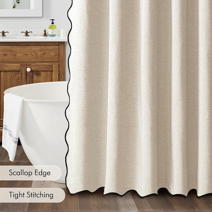 MIULEE Beige Scalloped Shower Curtain Linen Textured with 12 Metal Hooks Cute Heavy Duty Washable Waterproof Neutral Thick Cloth Shower Curtains with Black Border for Bathroom Bathtub,W72*L72 Cream | Linen Textured, Waterproof, Washable, 12 Metal Hooks...
