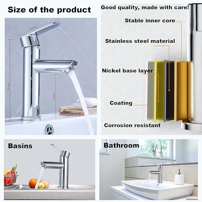 Bathroom Cold & Hot Stainless Steel Faucet, Ceramic Valve Cylinder; Silent Anti-Drip, Single Handle, Water Saving, Washbasin Sink, for Bathroom & Basin, Small Kitchen Faucet (Brushed)