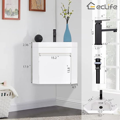 eclife 22" Corner Bathroom Vanity Sink Combo for Small Space Wall Mounted Floating Cabinet with White Resin Sink and Matte Black Faucet, White