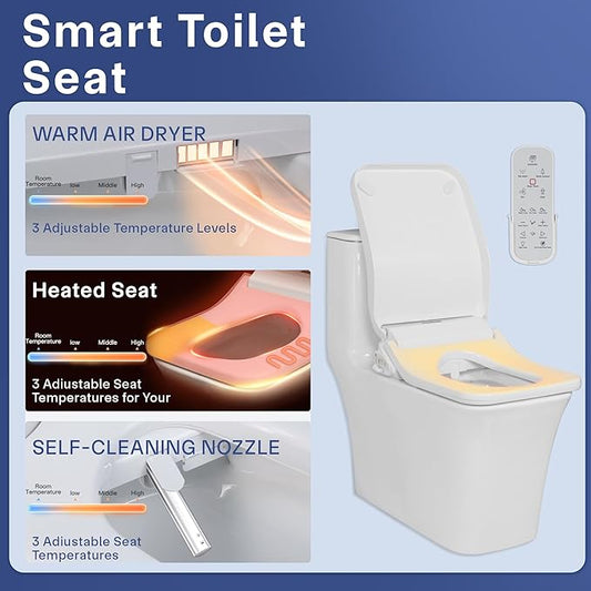KERDE 08A Electric Bidet Toilet Seat,Remote Control,Warm Water Cleansing, Heated Seat,Adjustable Temperature Settings, Moving Nozzle Massage,White,Night Light,Bidets for Existing Toilets.Square